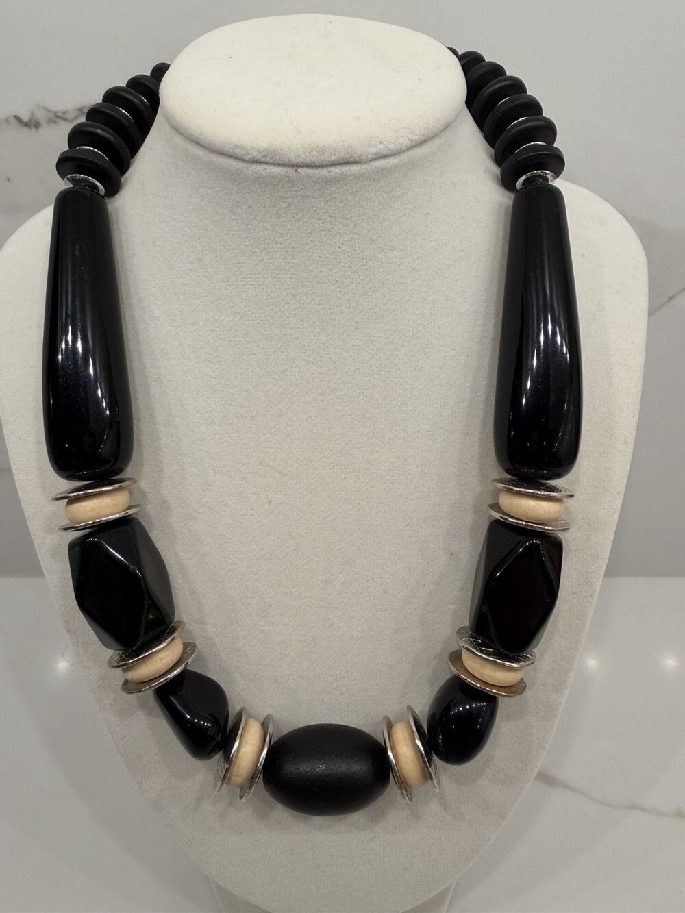 Chicos Chunky Black Beaded Statement Necklace Silver Tone Geometric Boho Bold